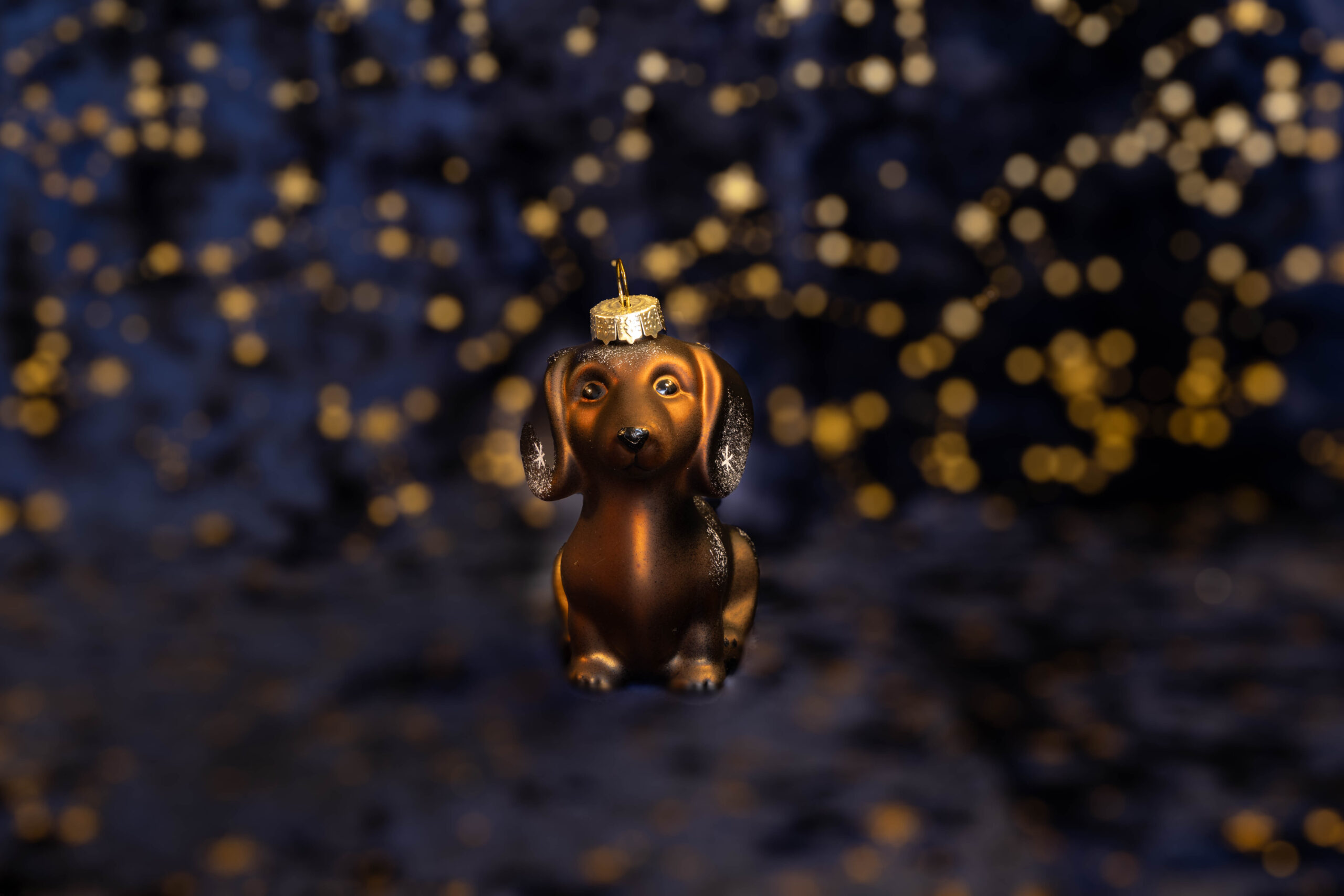 kerstbal kerstornament teckel dachshund donkerbruin voor blauwe achtergrond met lichtjes